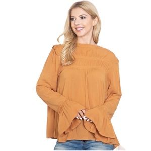 ⭐️NWT EASEL Camel Merrow Detail Bell Sleeve Ruffle Blouse